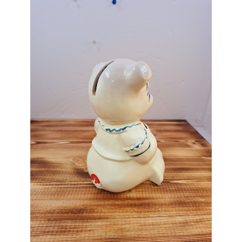 Vintage‎ American Bisque Pottery Ceramic PORCELAIN Pig Piggy Bank RED Bow tie - Picture 3 of 10